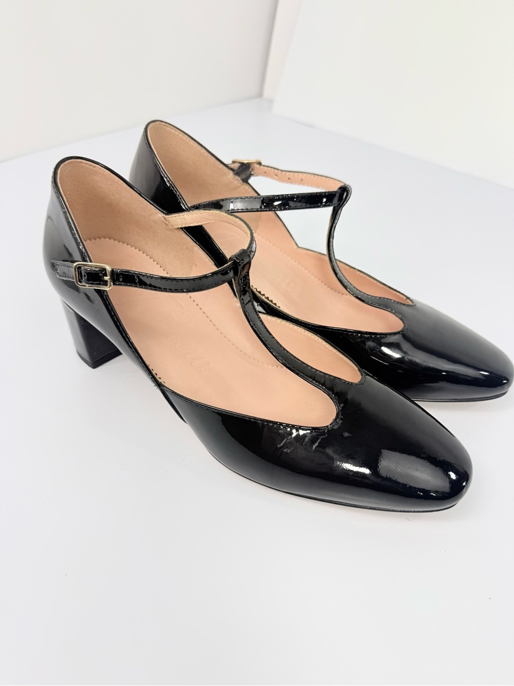 J. Crew MILLIE Black Patent Leather Glossy T Strap Block Heel Classic Shoes - Picture 5 of 15